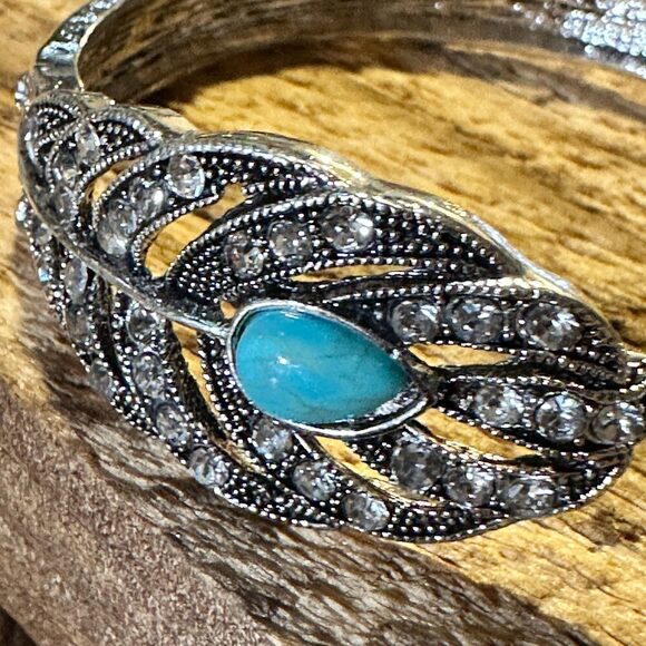 Boho Vintage Southwestern Cowgirl Crystal CZ Cuff Bracelet, Turquoise Stone, XL - Picture 3 of 8